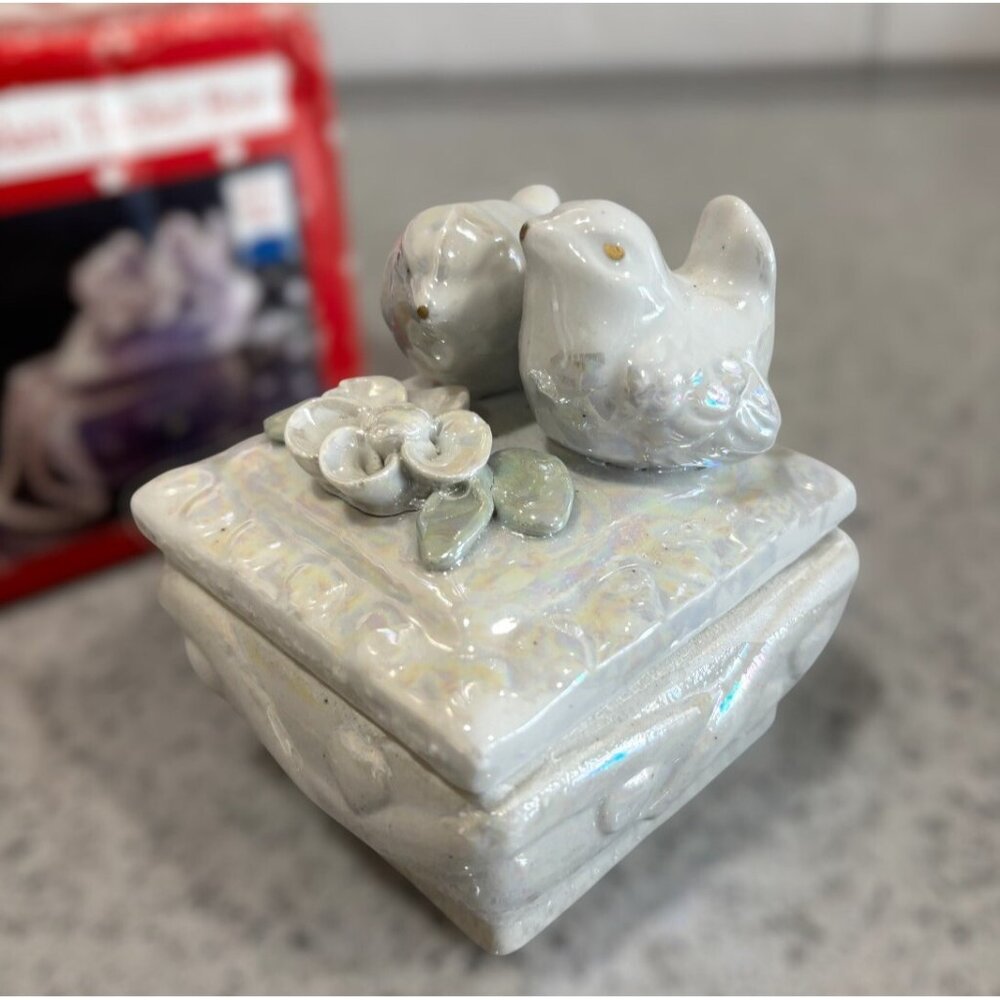 Vintage Porcelain Bird Trinket Dish W Lid Pearlescent White Girly Gift Decor